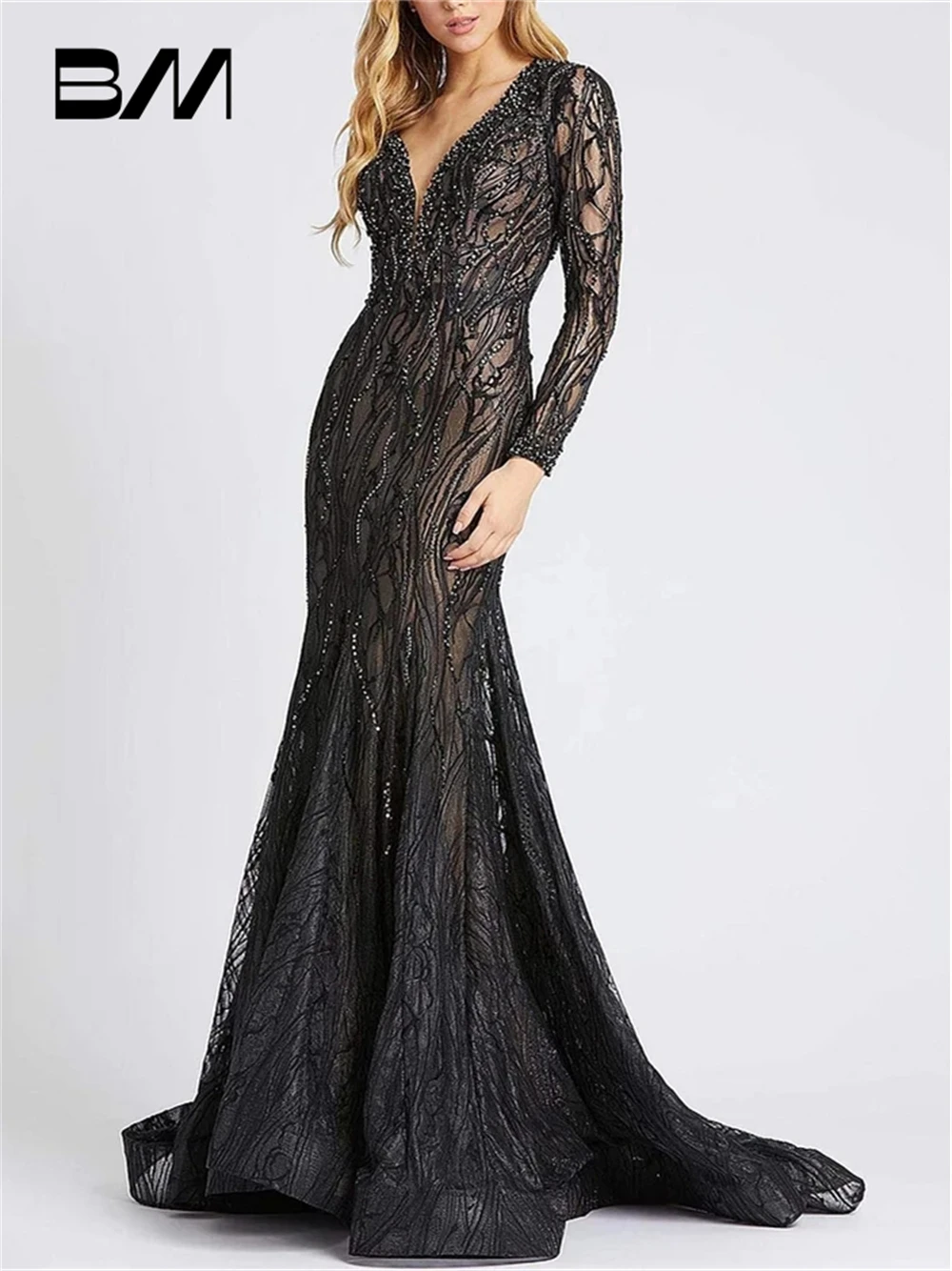 Hand-sewn Beaded Black Prom Dress Sexy Long Sleeves Illusion Mermaid Evening Dresses Wedding Party Gown Custom Made