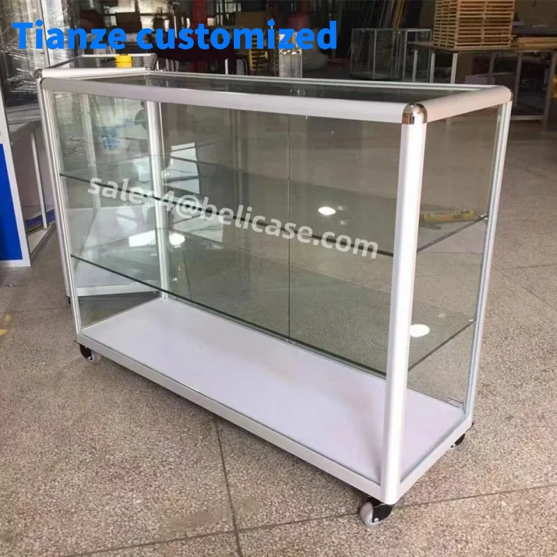 (customized)Shop Glass Showcase Display FullGlass Counter with Lights Thick Aluminum Frame Display Cases Smo