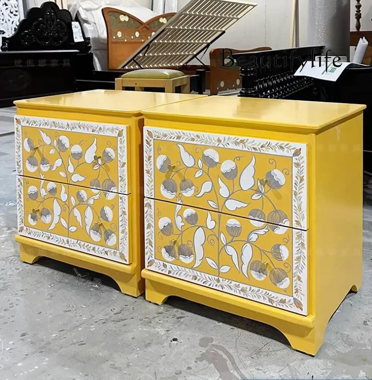 French light luxury solid wood bedside table American neoclassical bedside locker handmade painted cabinet locker