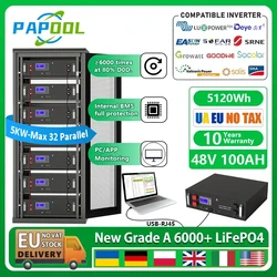 LiFePO4 배터리 팩, 48V 100Ah 리튬 배터리, 16S BMS 등급 A 6000 + 사이클, 51.2V 50Ah 120Ah 150Ah 200Ah 230Ah 300Ah, EU 세금 무료