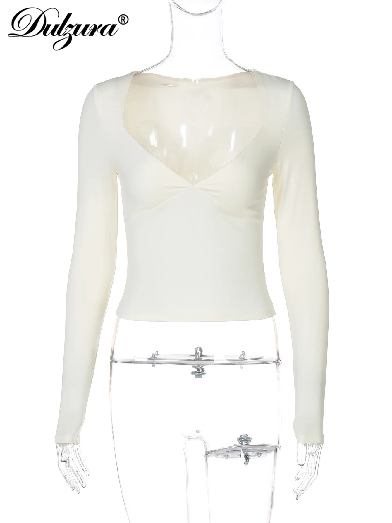 Dulzura Scollo a V Maniche Lunghe Aderente Crop T-Shirt Solido Sexy Casual Top Party Club Streetwear Donna Primavera Estate Top