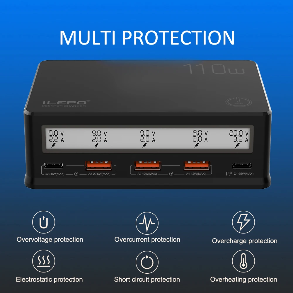 ILEPO 110 واط 5 ميناء USB شاحن PD USB C سوبر سريع شاحن آيفون 14 13 برو ماكس الكمبيوتر المحمول سامسونج شاومي شاشة العرض