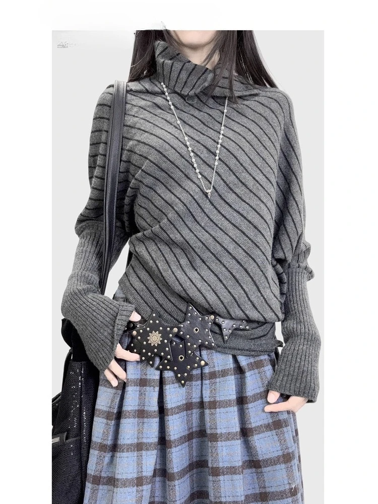American Vintage Striped Tops 2000s Slim Irregular Knitted Sweater Streetwear Y2k Subculture Casual Long Sleeve Pullovers