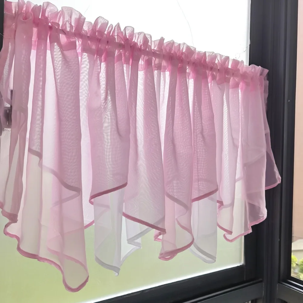 Pink White Staggered Tulle Short Curtains for Kitchens Extra Wide Windows Wavy Ruffled Valance for Doorway Rod Pocket Drapery
