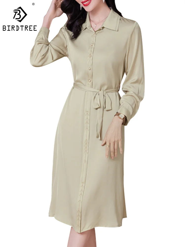 Birdtree 91.2%Mulberry Silk Elegant Simple Casual Dresses Women Solid Long Sleeve Lapel Office Lady Party Shirt Dress D30473QM