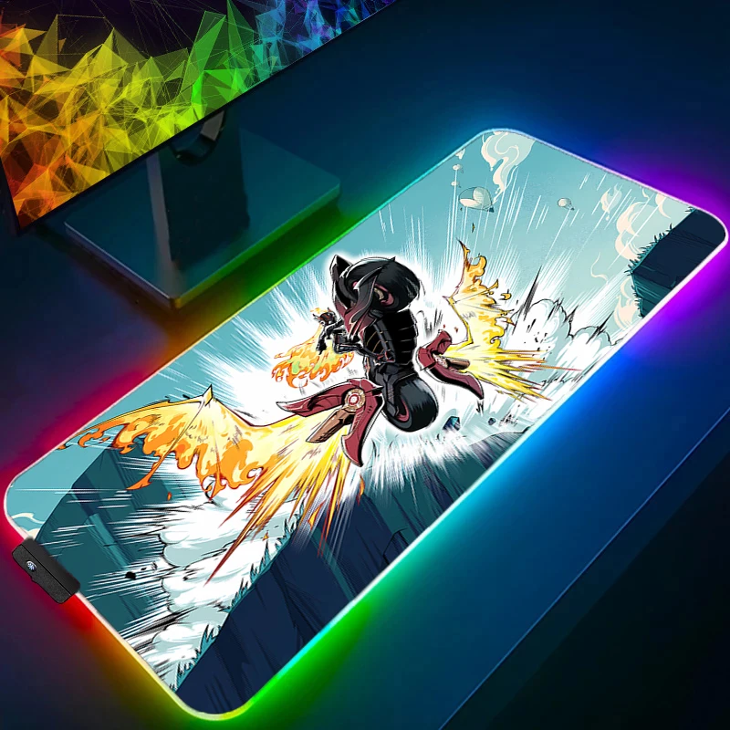 

Коврик для мыши RGB Компьютерный Genshin Impact Mavuika Коврик для клавиатуры Ковер Светодиодный игровой коврик для ноутбука Коврик для мыши PC Gamer Симпатичный настольный коврик
