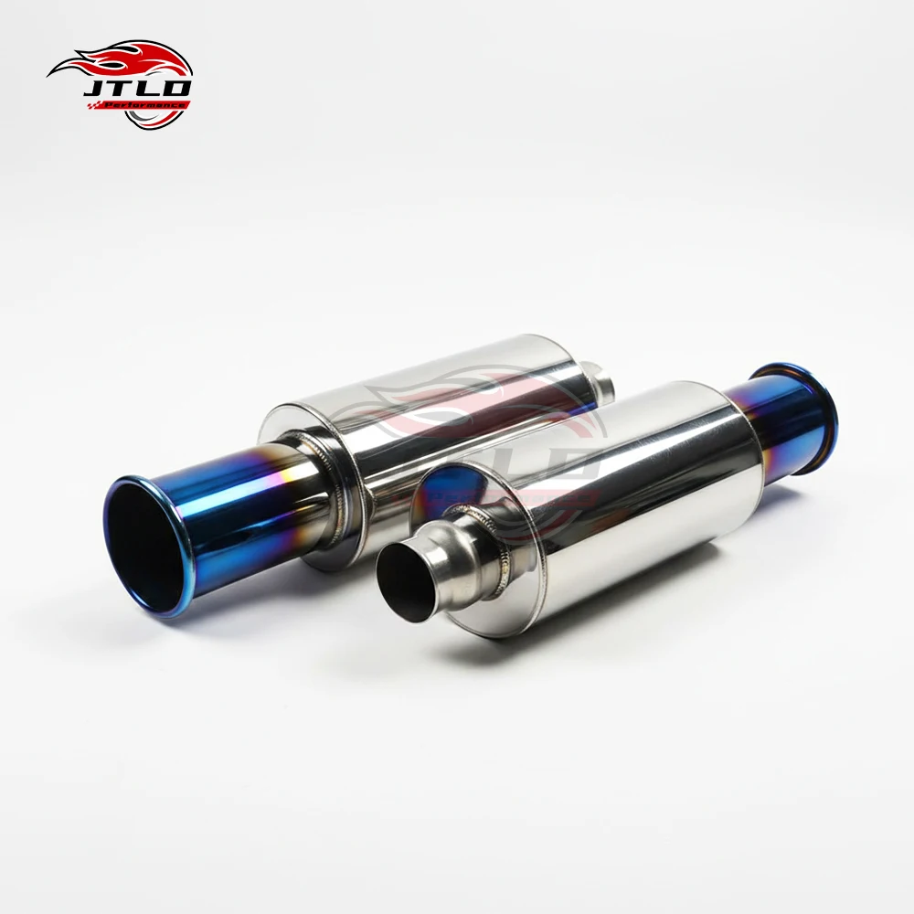 Universal High-Flow Exhaust Muffler Resonator T304 Stainless Steel Straight-Through Design With Aggressive Burnt Blue Tip