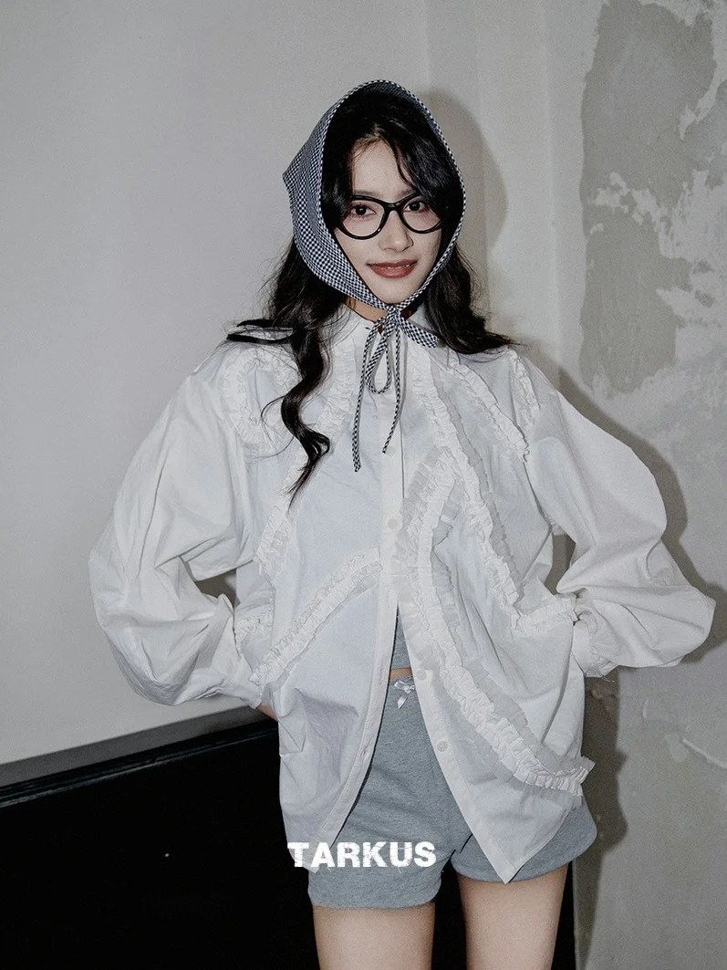 

TARKUSGarden Оригинальная хлопковая рубашка с нестандартным волнообразным кроем, плотная, плиссированная, высококачественная, свободного кроя, средней длины