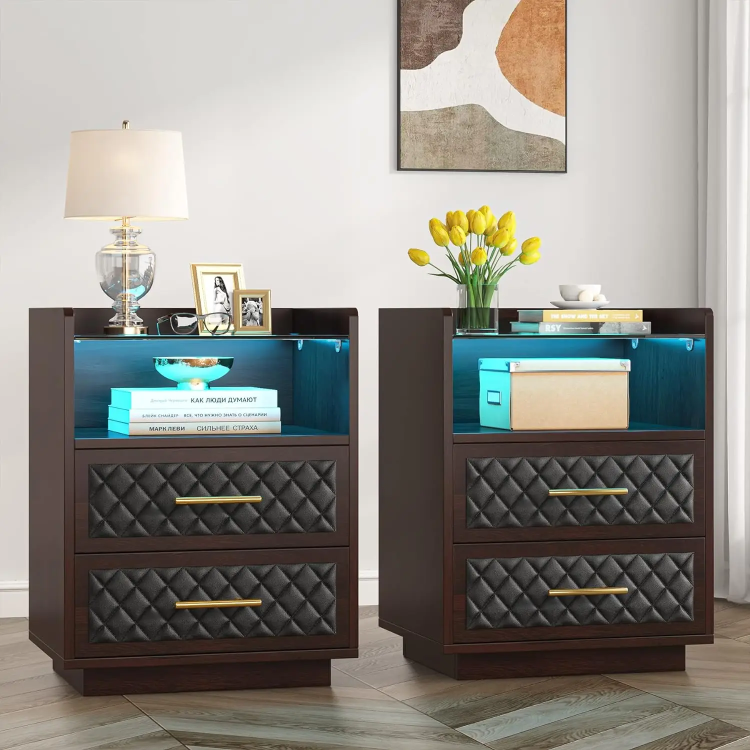 

Nightstand with Drawers, Beside Table with LED Lights and Storage Shelf, Modern Night Stand Accent End Table for Bedroom