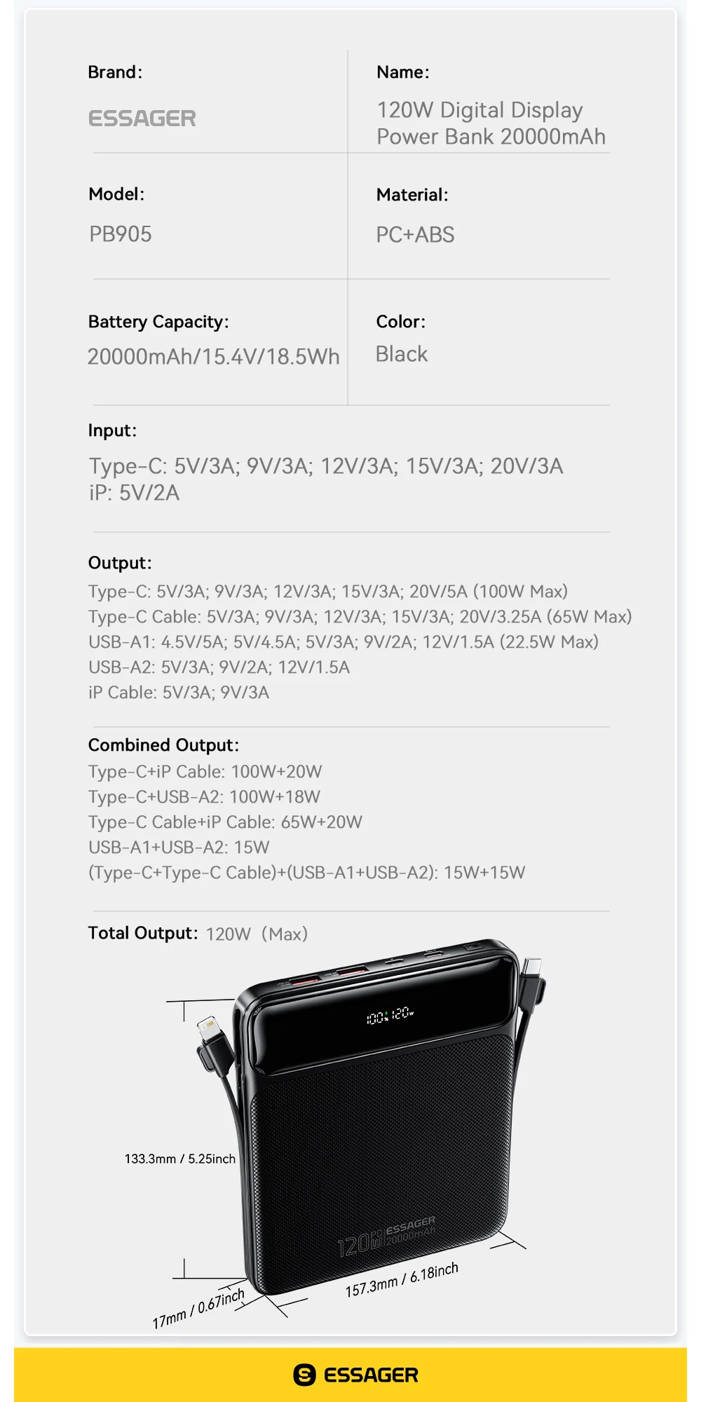 Essager Power Bank 20000mAh 65W Charge Rapide PD avec Écran Digital Maroc 12 S92a5d181f6774ee6a83fb9e5235239dd1 Essager Power Bank 20000mAh 65W Charge Rapide PD avec Écran Digital Maroc