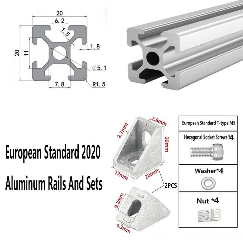 EU 2020 Aluminum Profile Corner Bracket Screws Washers Nuts Set 100 200 300 500 550mm Linear Rail Extrusion CNC 3D Printer Parts