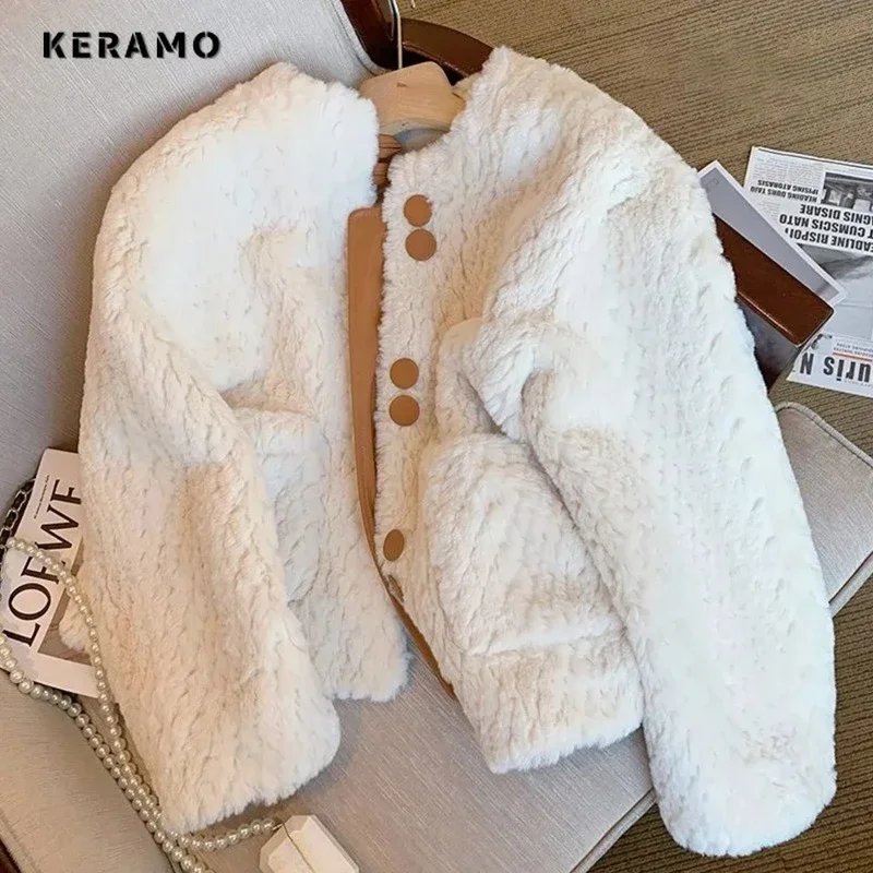 2023 Winter Korean Chic Style Lady Round Neck Solid Jacket Women Single Breasted Office Lady Casual Patchwork Loose Warm Coat