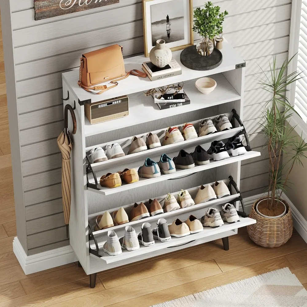 슬림형 신발 수납장, 이중 서랍과 개방형 선반으로 좁은 공간에도 적합