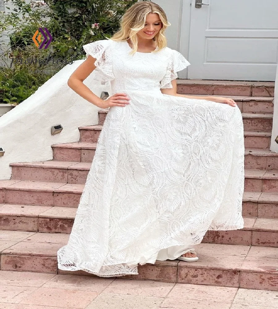 Full Lace Bohemian Wedding Dress With Flutter Sleeves Elegant Celtic Boho Bride Dress 2026 Charming Rustic Country Bridal Gowns