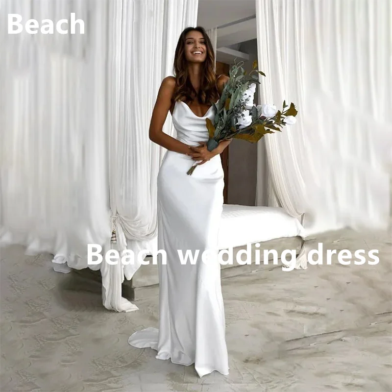 Beach Wedding Dresses Elegant Boho Cowl Neck Draped Bridal Gown Cut Out Back Plain Satin Sweep Train Vestido De Noiva for Bride