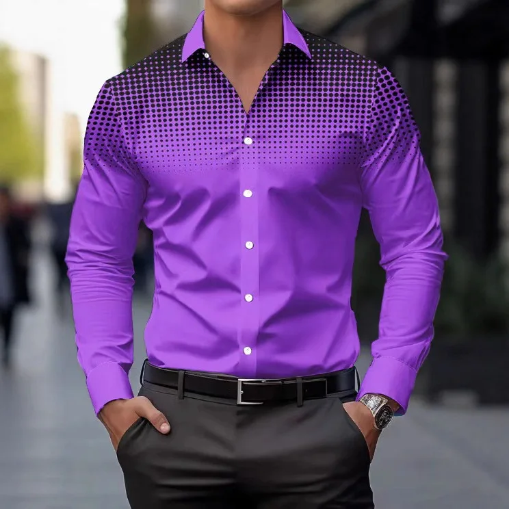 Spring And Autumn Men's Top Four-sided Polka Dot 3D Printed Casual Long Sleeve Shirt