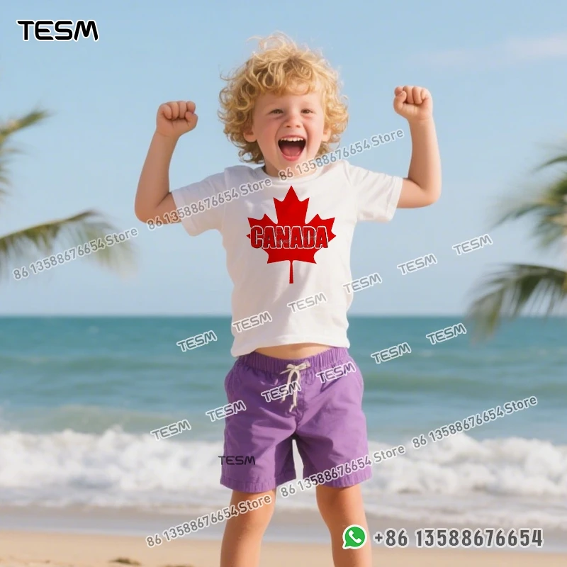 TESM Maple Leaf Print Men Cotton T-shirt Casual Loose Short-sleeve Party Parent-child Outfit Mom Dad Family Vacation Top