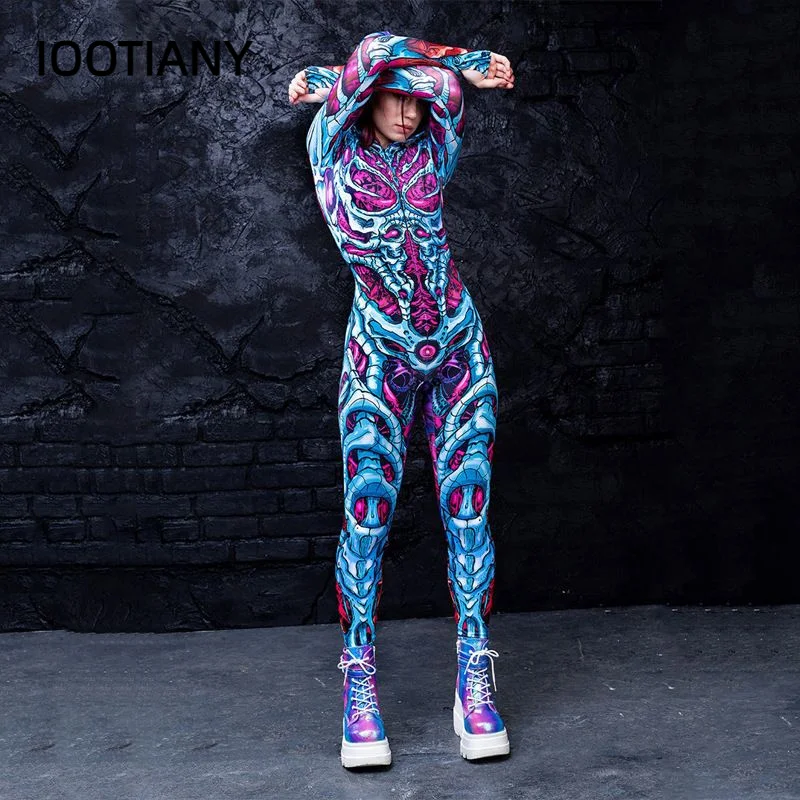 8Colors Women Outfits Bodysuit Halloween Cosplay Costume Carnival Party Hooded Zentai Catsuit 3D Digital Print Skeleton Jumpsuit