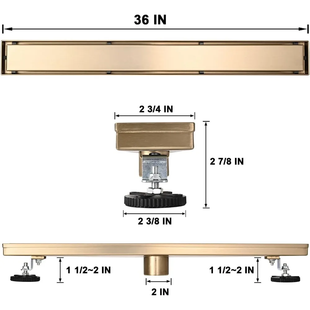 Stainless Steel Rectangular Shower Drain Kit, 36 Inch Brushed Gold, Linear Floor Drain for Bathroom Trench Drain Installation