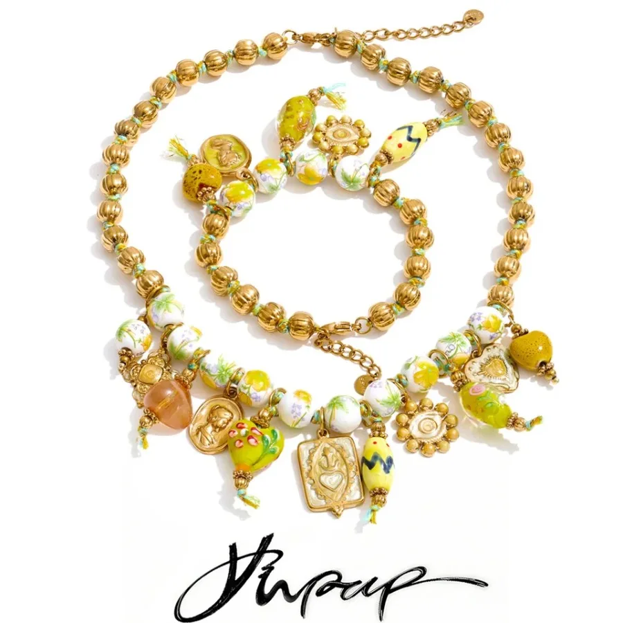 Yhpup 2026 Europe Handmade Jewelry Summer Style Beads Chain Ceramic Heart Eye Drop Charm Necklace Bracelet Vintage Set Jewelry