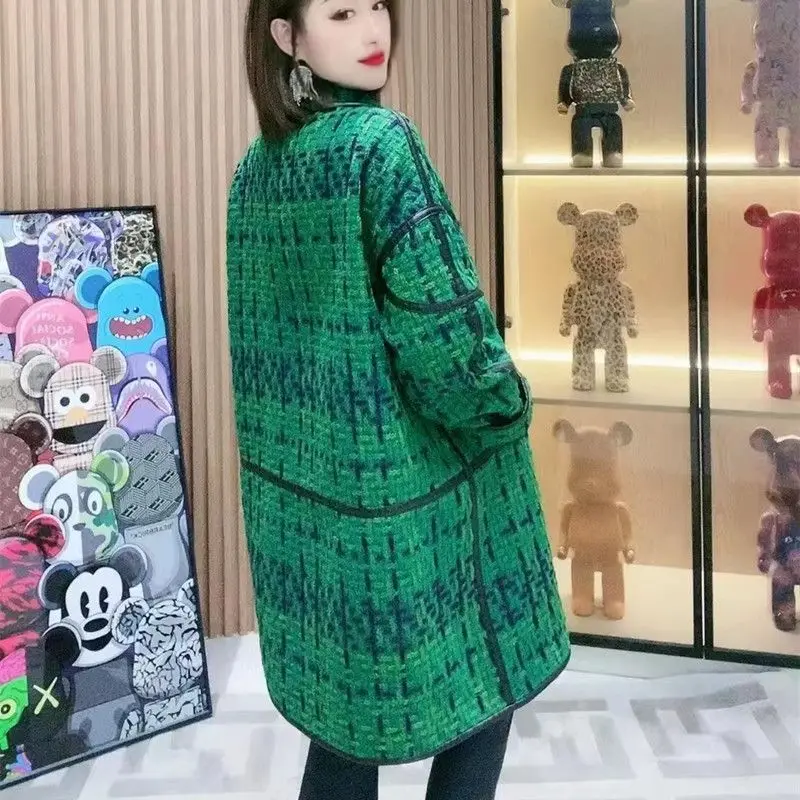 High-End Tweed Woolen Coat Femme 2023 New Green Women\'s Woolen Outcoat Mid-length Autumn Winter Windbreaker Outerwear