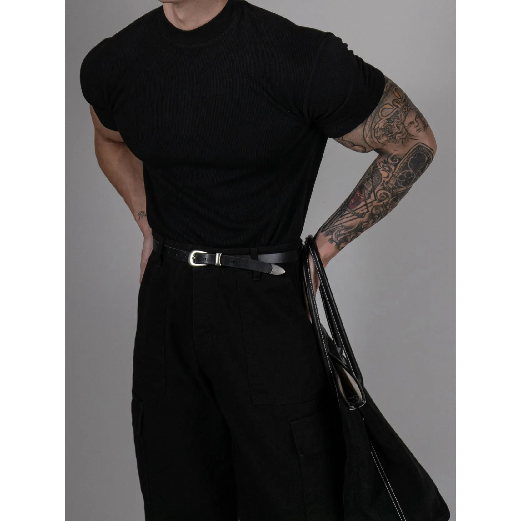 Threaded High Neck Sports T-shirt Men High Elastic Summer Slim Compression Quick Dry Running Training Fitness Short Sleeve Tops