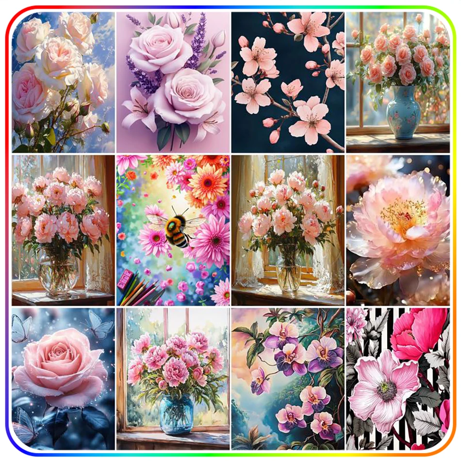 

SDOYUNO Diamond Painting Kits pink Flowers Needle Arts Craft Crystal Rhinestones Diamond Art Kit Diamond Mosaic Diy Embroidery