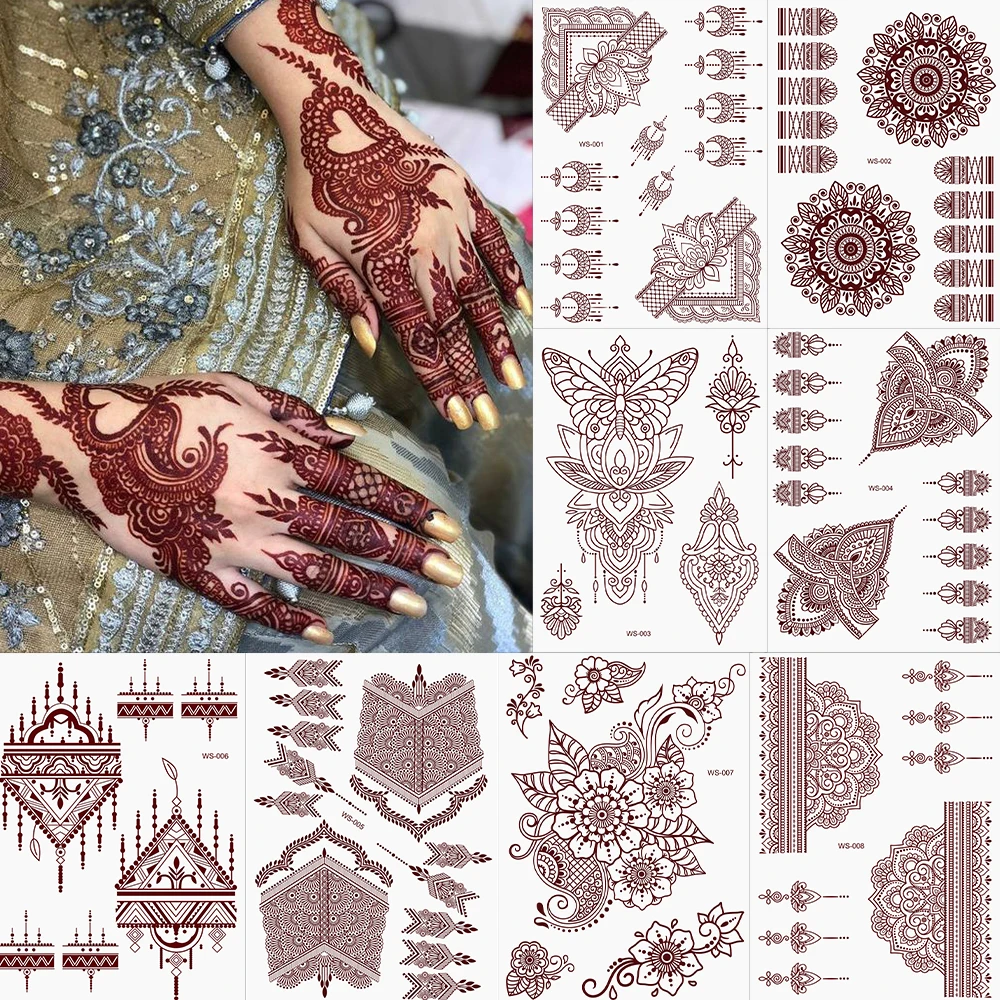 Maroon Henna Tattoo Stickers Waterproof Temporary Tattoos Mehndi Design Fake Tattoo for Hand Sleeve Art Henna Tattoo for Women