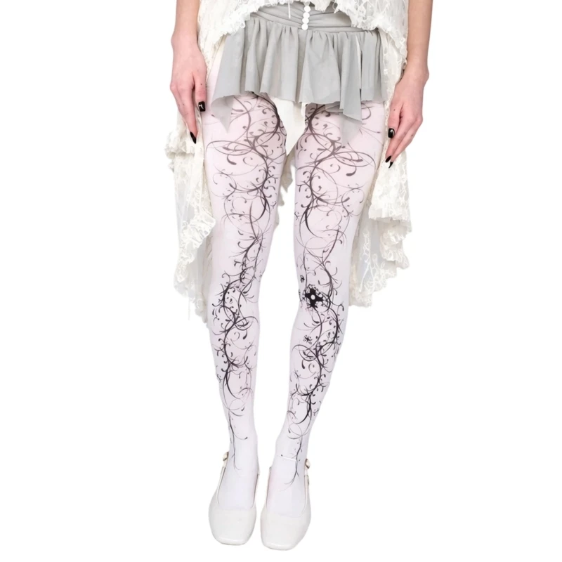 Women's Elegant Opaque Tights Stockings Harajuku Floral Print Pantyhose