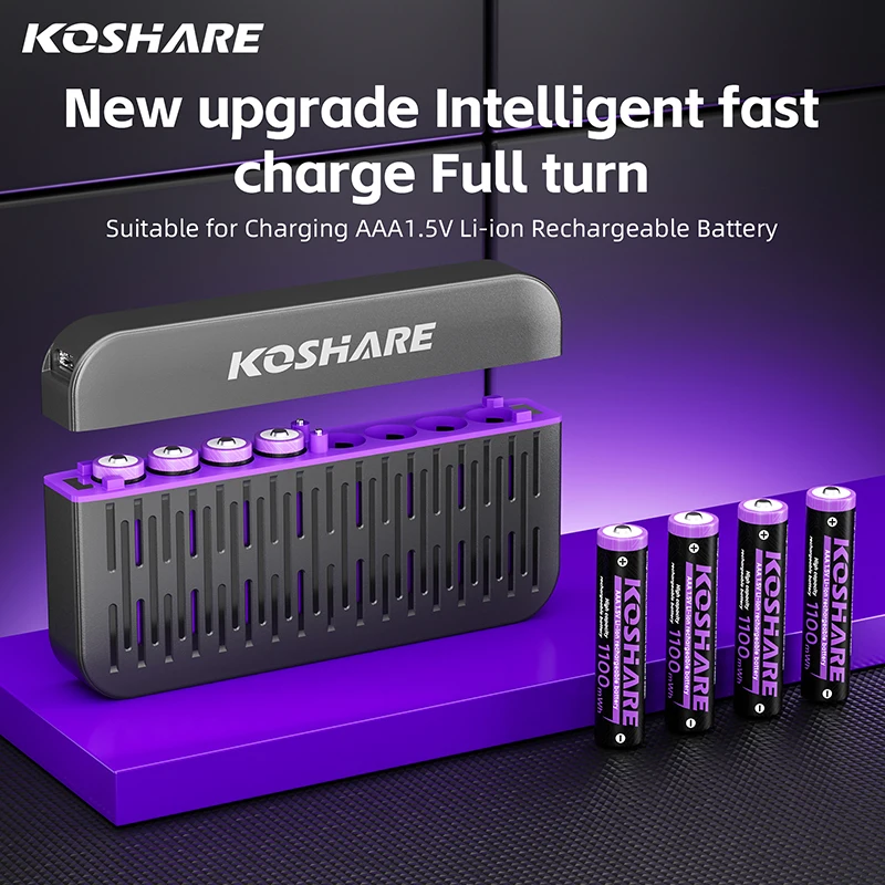 

KOSHARE New 8 Slot LED Smart Battery Charger With 1.5V AAA 1100mWh Lithium-ion Rechargeable Batteries Independent Fast Charging