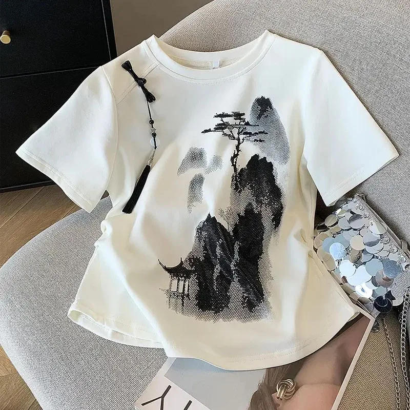 Diamond Women T-Shirts Simple Ocean Chinese style T-shirt for Women Spring Chic Hand-painted Slim clothes Short Sleeve Tees chic