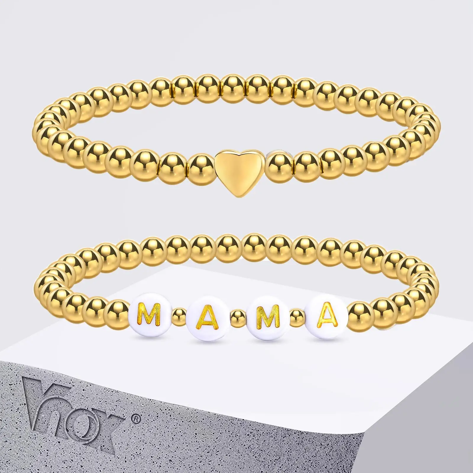 

Vnox 2pcs Set Stainless Steel Round Beaded Bracelets For Women Charms Love Hand Jewelry Gifts to Mom Wife