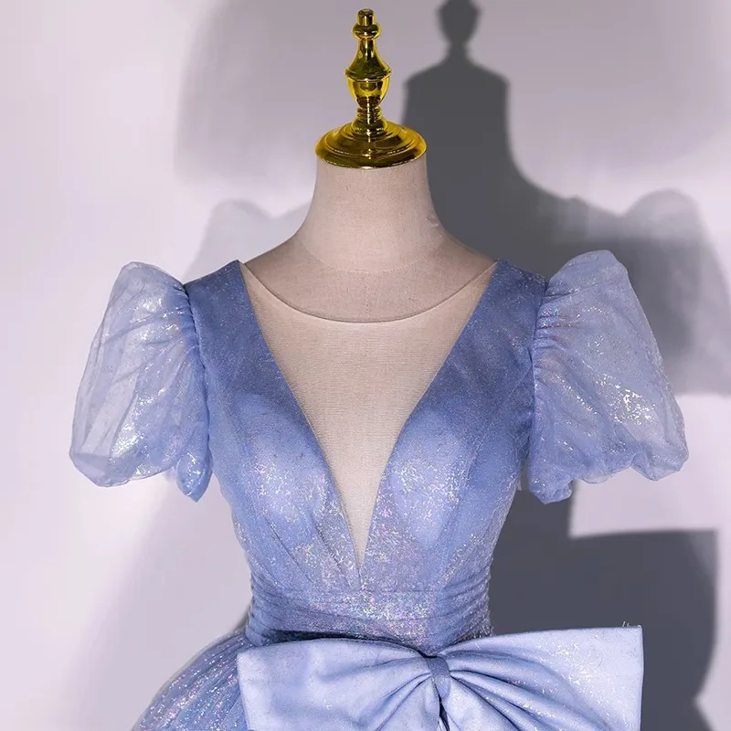 ชุดราตรีสีน้ำเงินแบบสั่งตัดสำหรับงาน Quinceanera คอวี แต่งโบว์ สำหรับงานพรอม งานวันเกิด ชุดราตรี Vestido De Noche robes de soirée