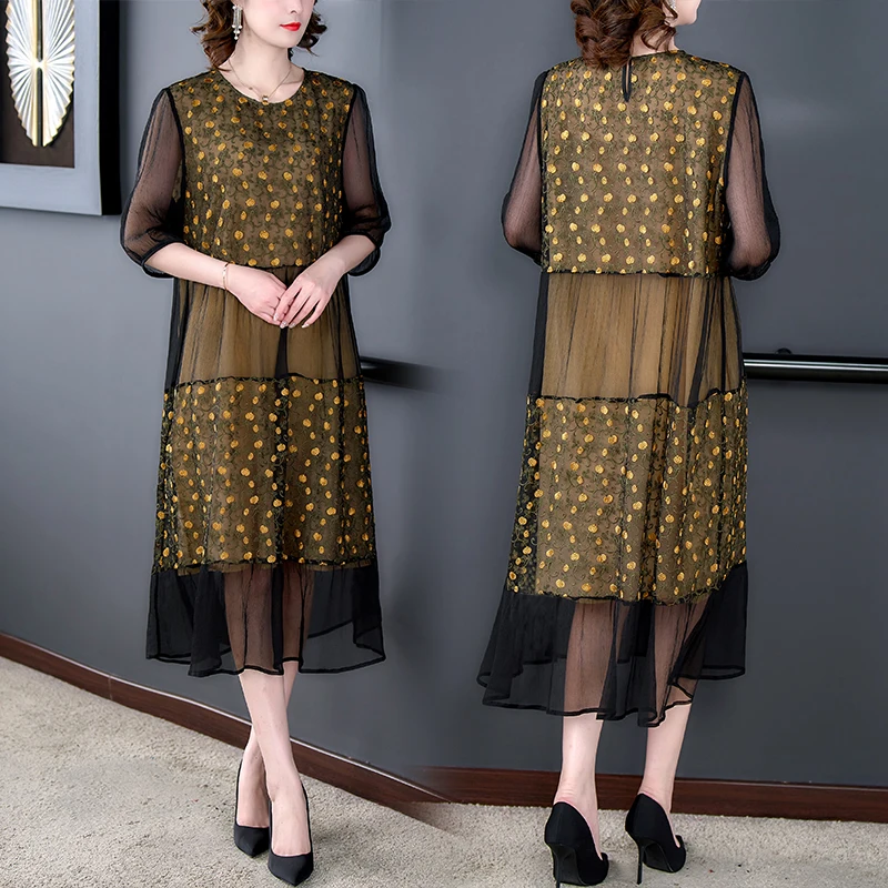 2023 Autumn New Silk Flower Embroidery Dress Women's O-Neck Lace Splice Slim Loose Large Knee Length A-line Dress Robe