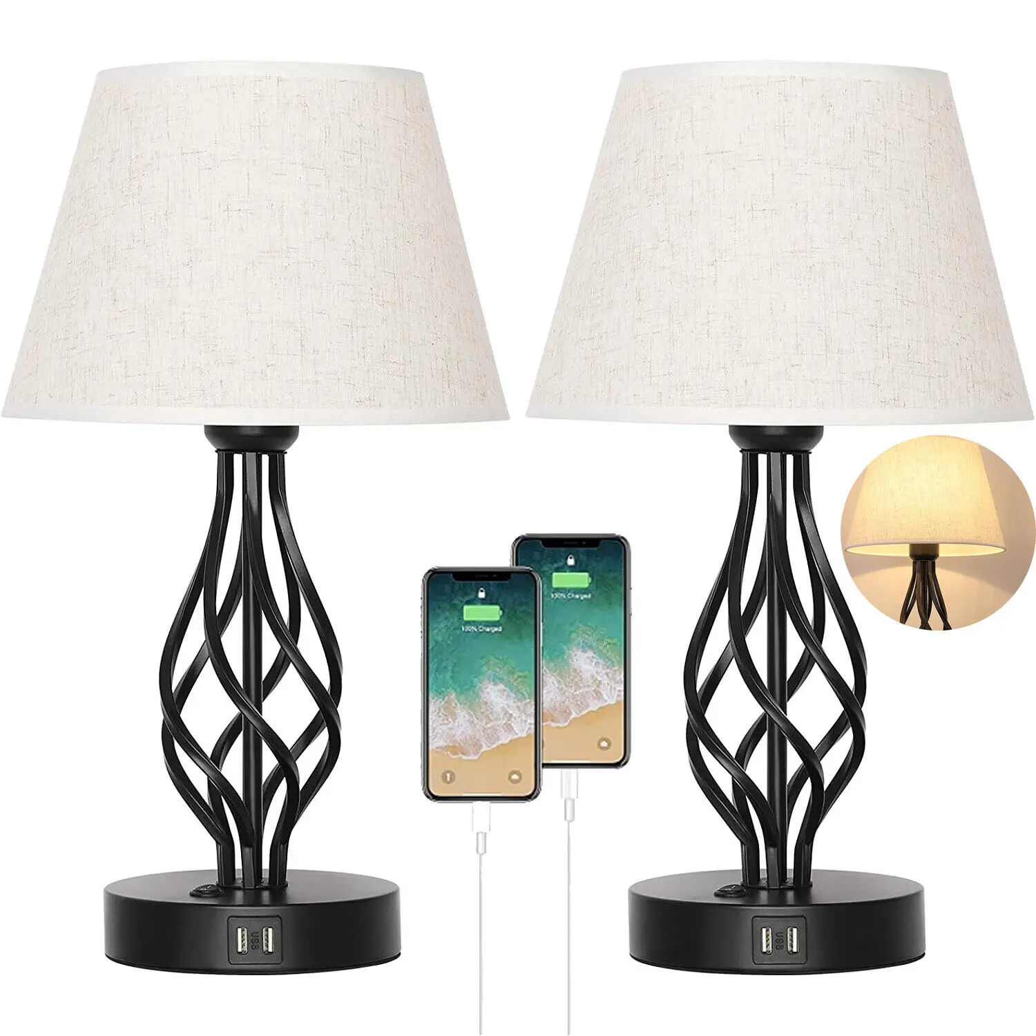 

Bedside Table Lamp Set of 2 with Dual USB Ports Metal Nightstand Lamps
