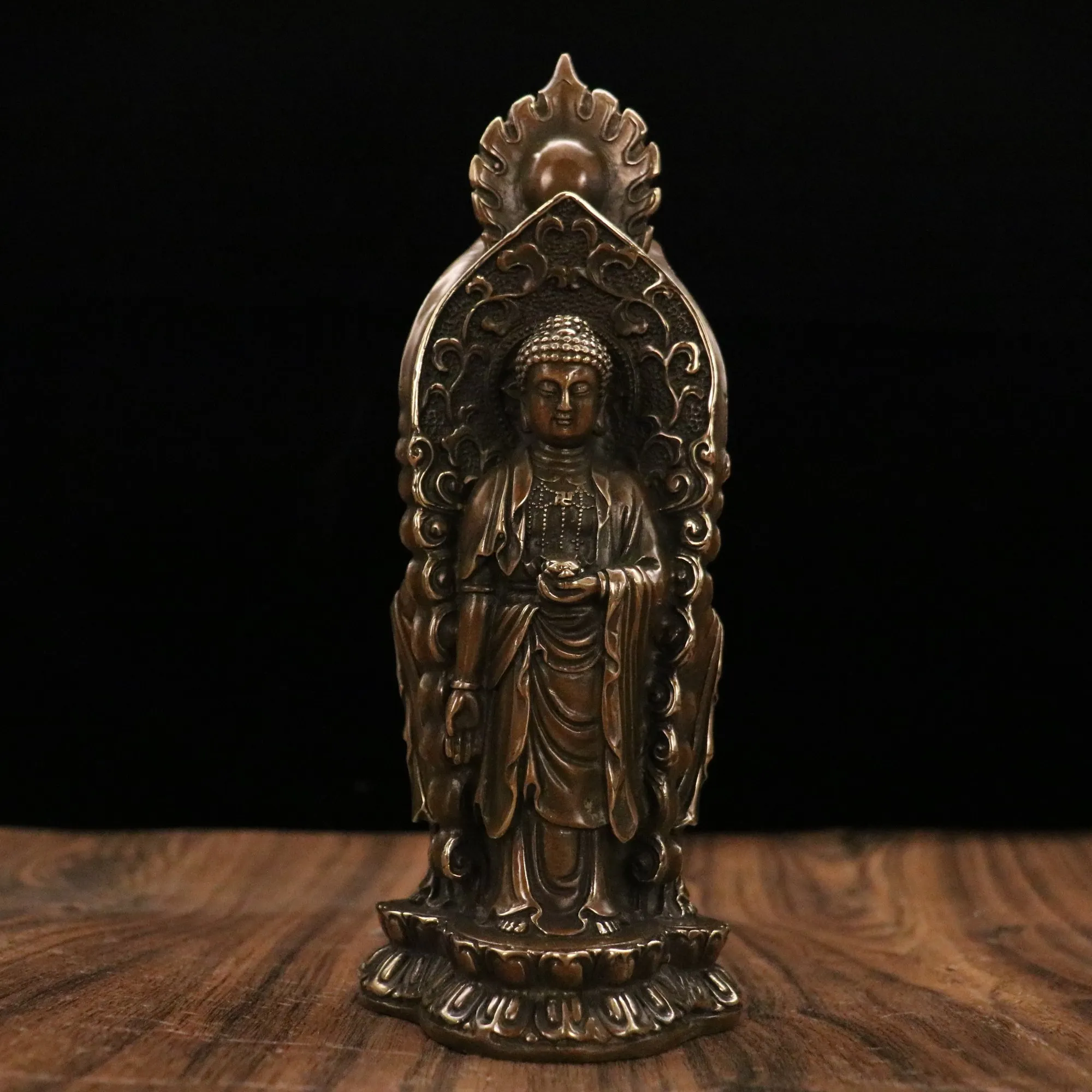 

9"Tibetan Temple Collection Old Bronze Brass Patina Three Faced Buddha Three Holy Buddhas lotus platform Worship Hall Town house