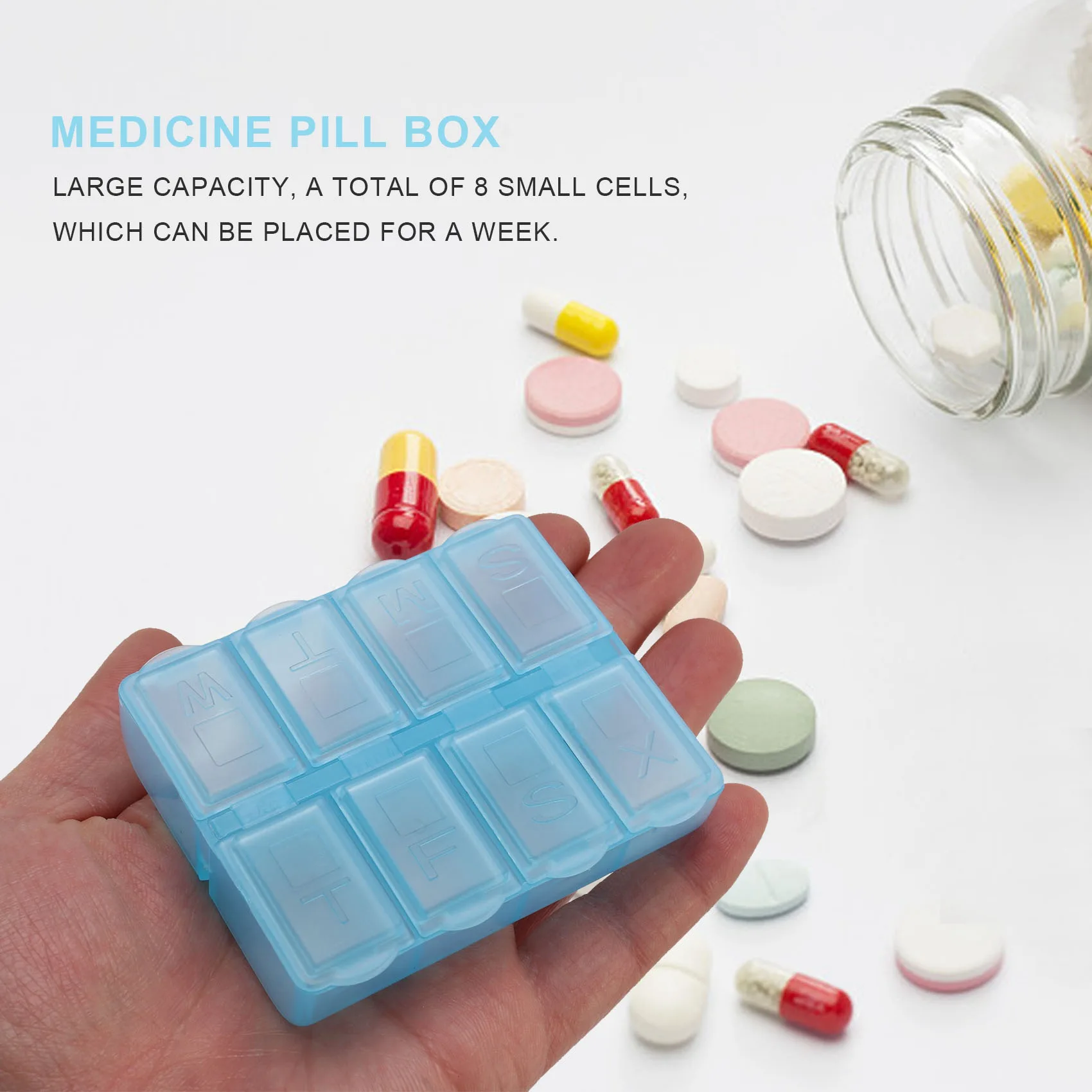 Plastic Rectangle 8 Compartments 7 Days Medicine Pill Box Blue