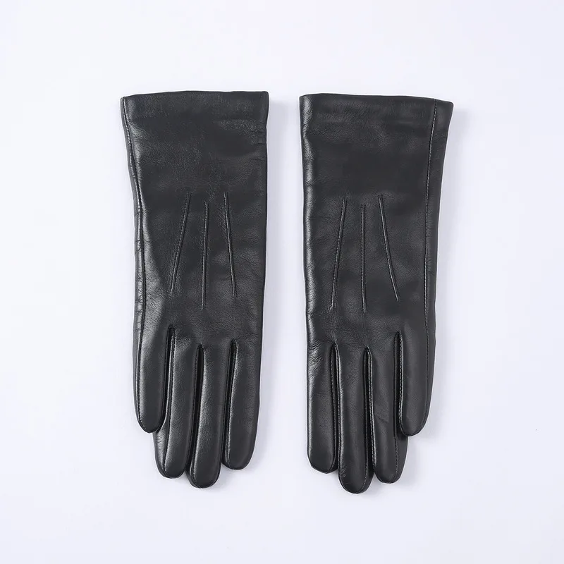 Women's Sheepskin Gloves, Smooth Real Leather, Medium Length, Wool Lining, Slim Fit, Warm, Riding, Driving, Decorative Black