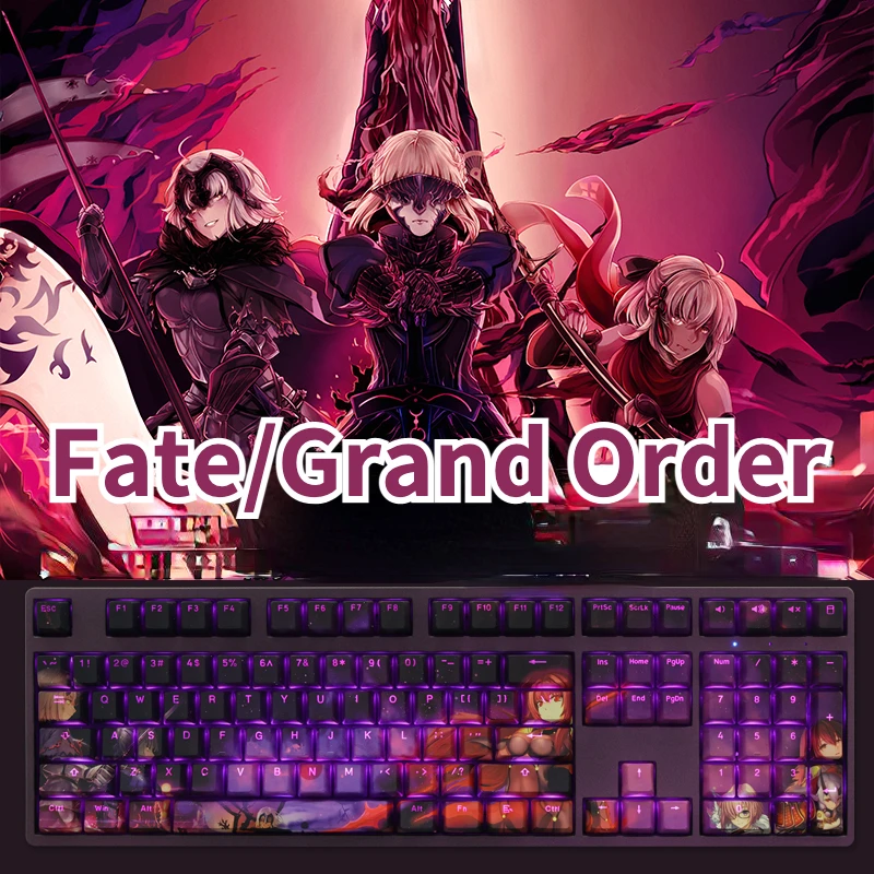 Fate/grand order 108 teclas pbt tintura sublimação keycap rgb pode transmitir luz anime keycaps para teclados de jogos mecânicos