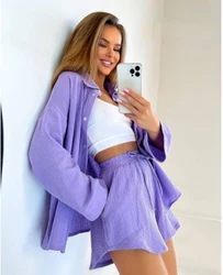 Women's Sports Suits 2025 Autumn Winter Latest Solid Color Long Sleeve Buttons Tops and Shorts Wrinkle Pressing Shirt Shorts Set