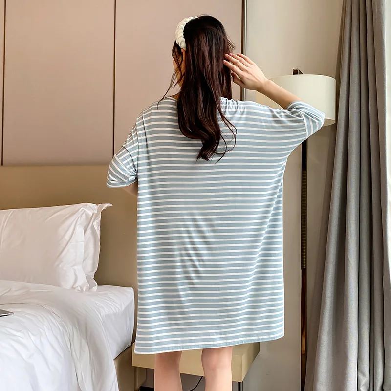 Summer Stripe Short Sleeve Modal Nightgowns Women Housewear Dress Casual Loose Sleepwear Nightshirt Female Night Wear 90 Kg