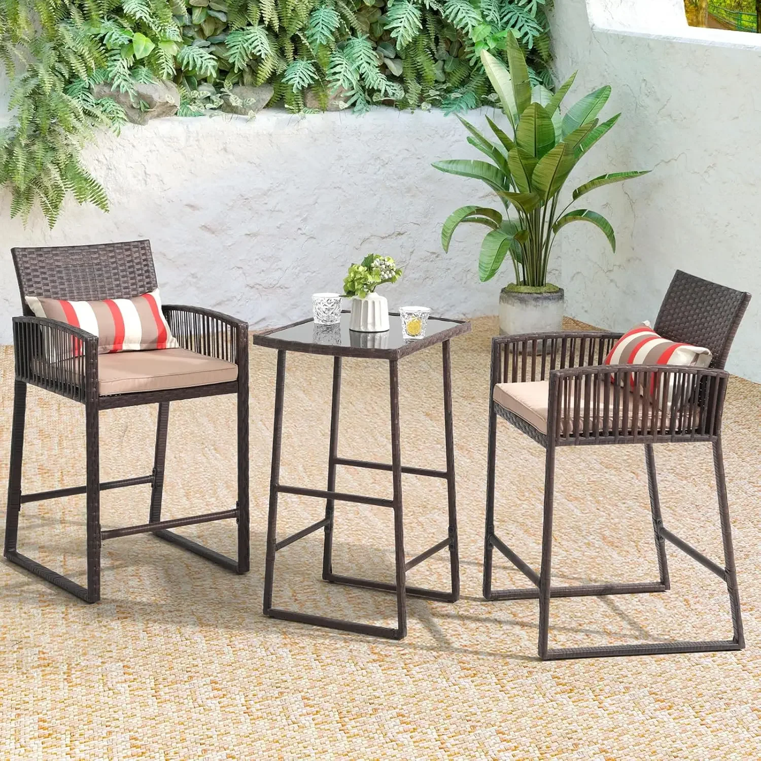 

3-Piece Outdoor Wicker Bar Height Table Set, 2 Bar Stools and 1 Pub Table with 2 Striped Pillows, Seat Cushions, Steel Frame