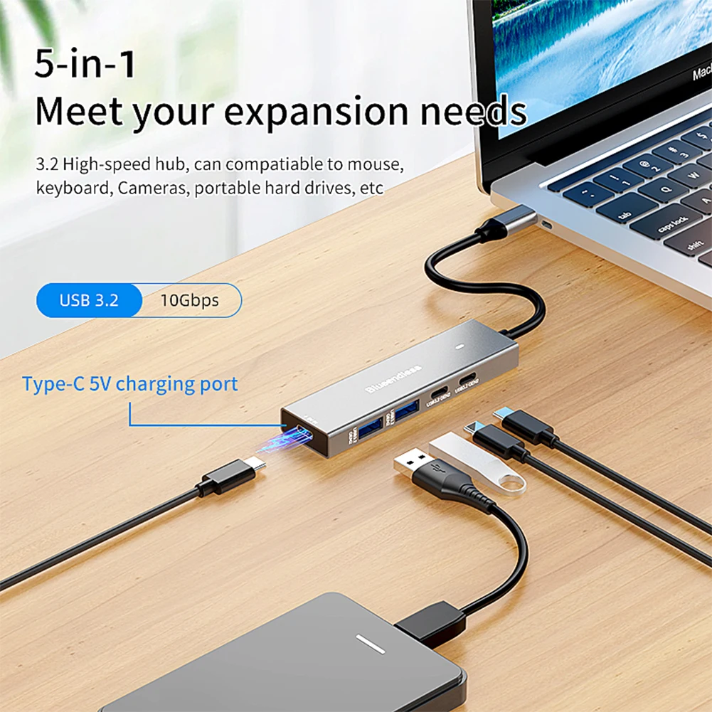 Hub USB C de 5 puertos, divisor USB C de 10Gbps, carga de energía, estación de acoplamiento USB C para ordenador portátil, adaptador multipuerto para MacBook Pro IMac iPad