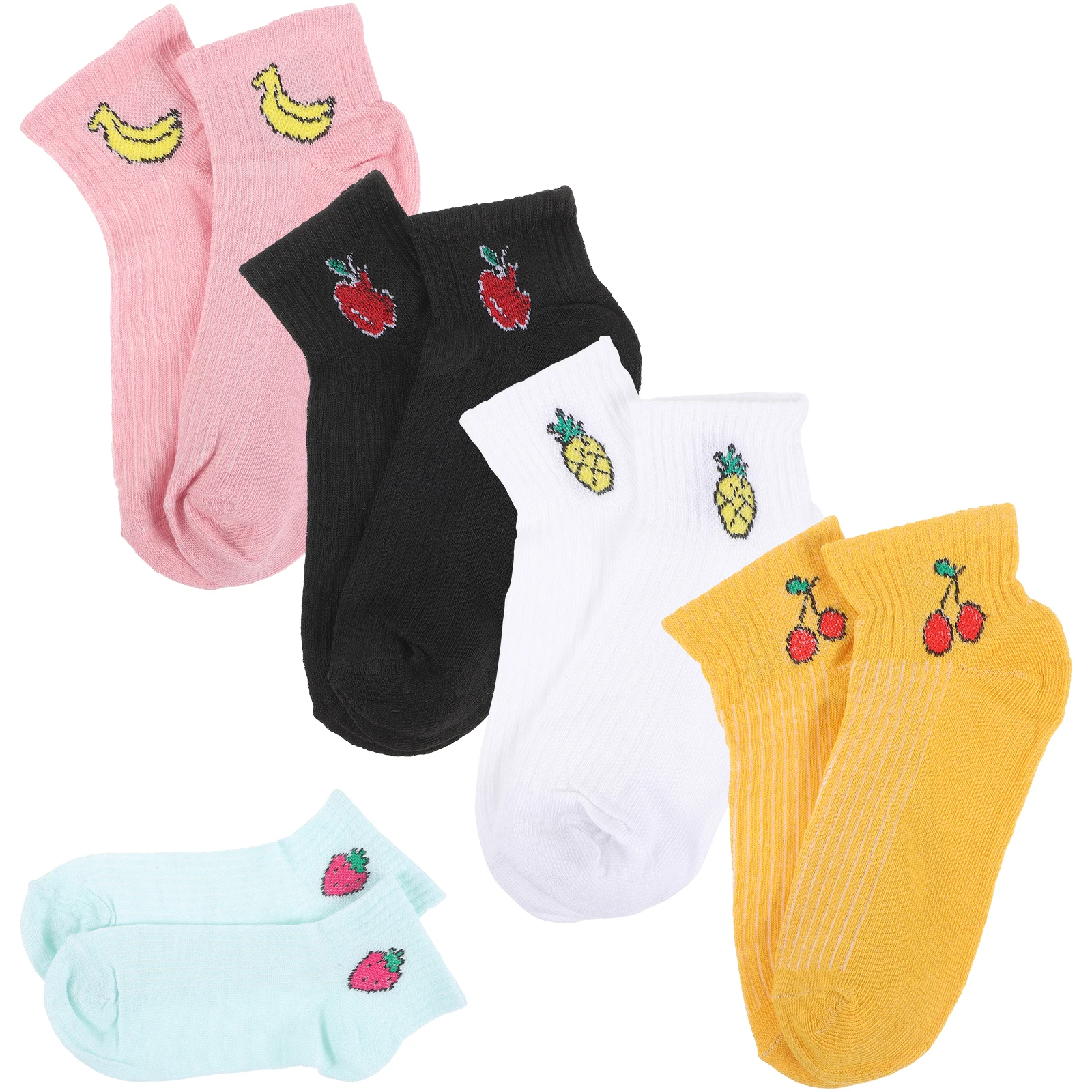 

5 Pairs Ankle Socks Women Cotton Crew Fashion Fruit Design Cute Sweat Absorbent Machine Washable Elastic Fit Socks