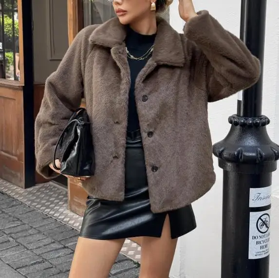 

Autumn and Winter Solid Color Lapel Casual Elegant Temperament Imitation Fur Coat Women's Fashionable Solid Color Button Coat