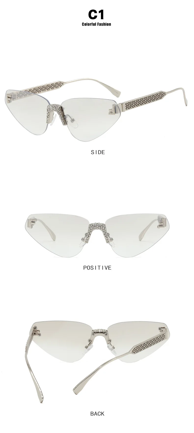 Frauen Sexy Cat Eye Randlose Strass Sonnenbrille Luxus Marke Designer Retro Punk Metall Sonnenbrille männer UV400 Fahren Gläser – Detail 7