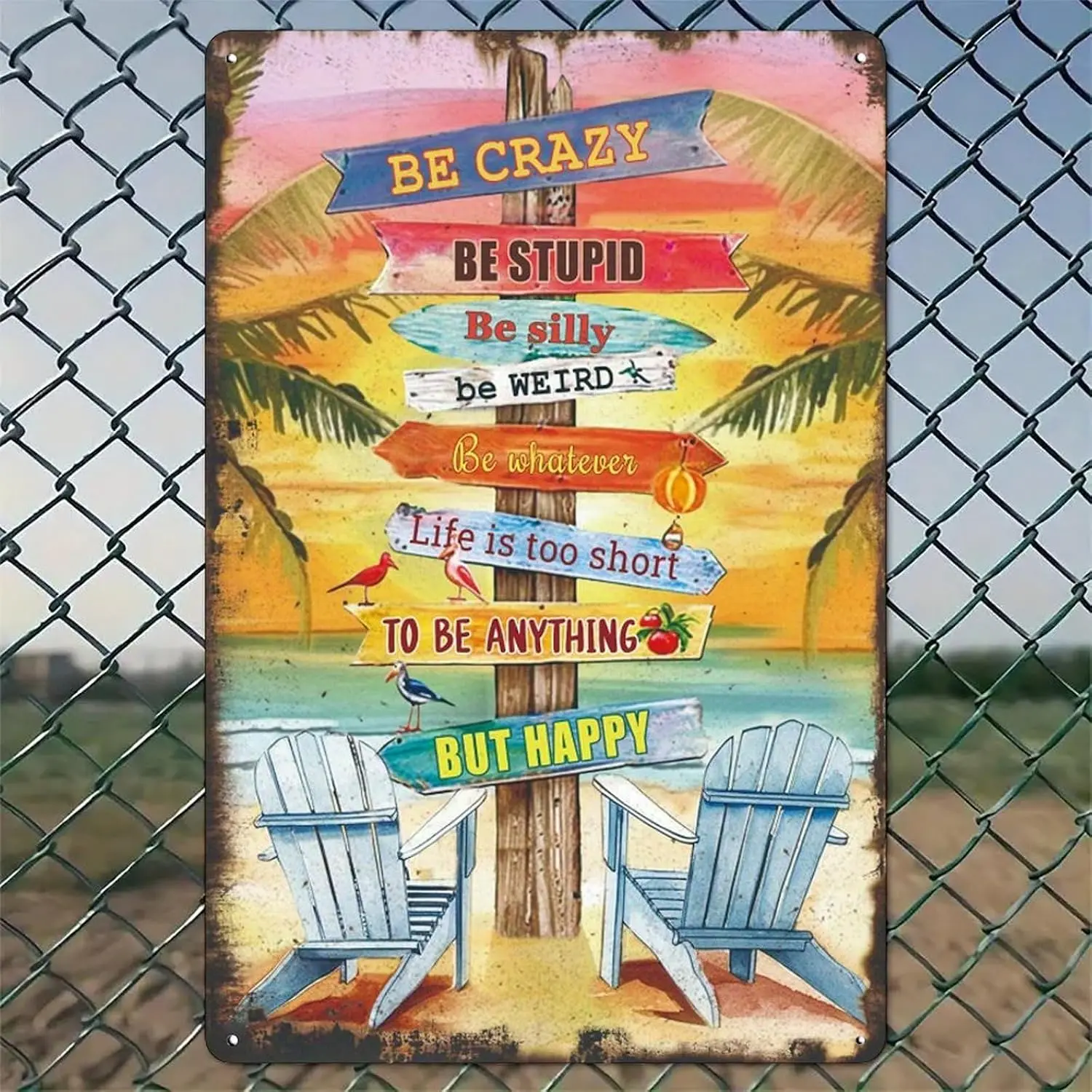 Be Happy Beach Signpost With Chairs Rustic Aluminum Wall Art & Metal Tin Sign - in Vintage Indoor Outdoor Decor for Home, Of