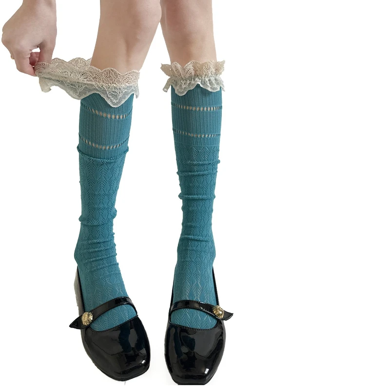 Mesh Fishnet Stockings Thigh High Socks Lolita Lace Frilly Socks Women Stockings Japanese Knee High Socks Thigh High Stockings