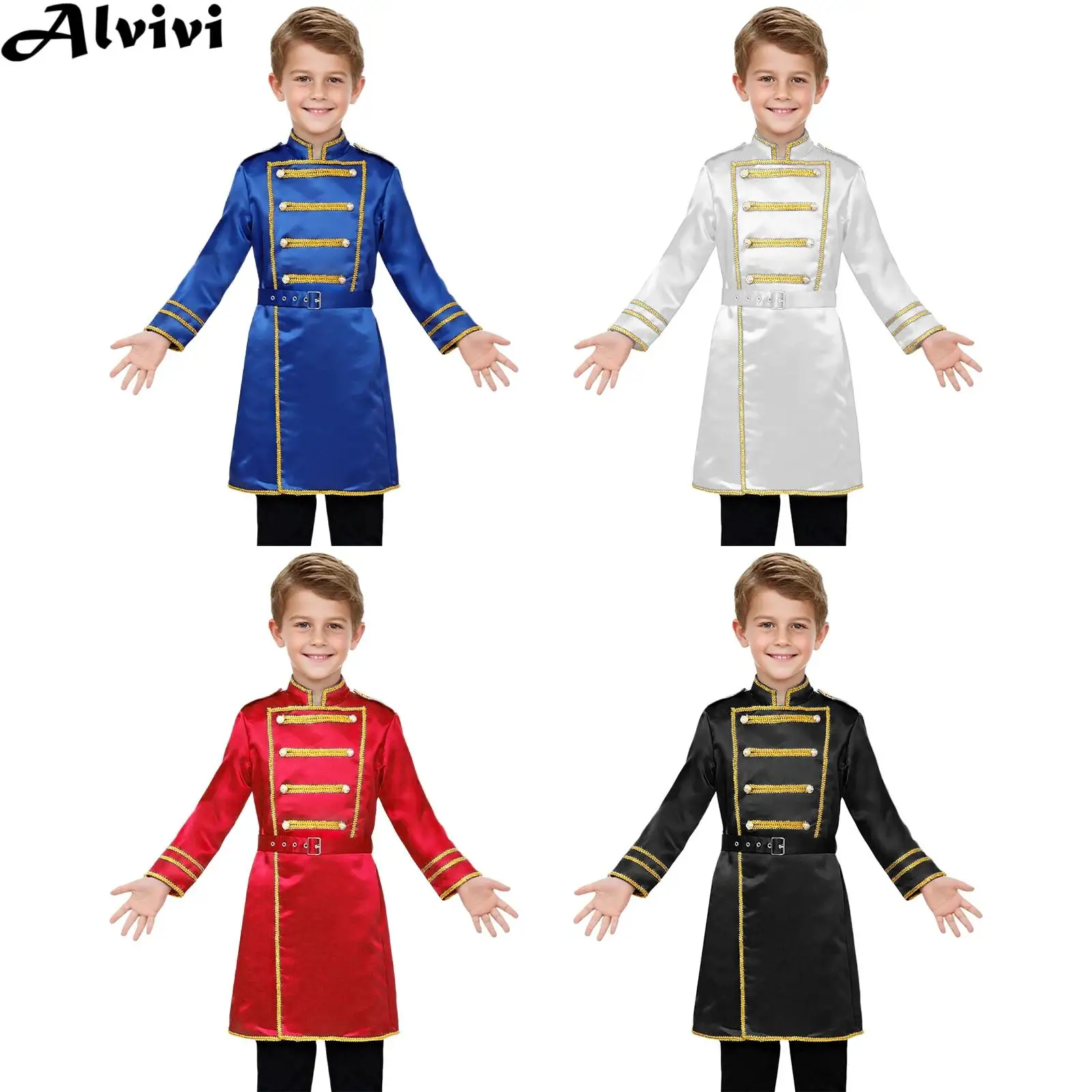 

Детская длинная куртка с воротником-стойкой для мальчиков, золотистая плетеная походная барабанная группа, Honor Guard, длинная куртка, пальто с поясом для Хэллоуина, косплея, вечеринки