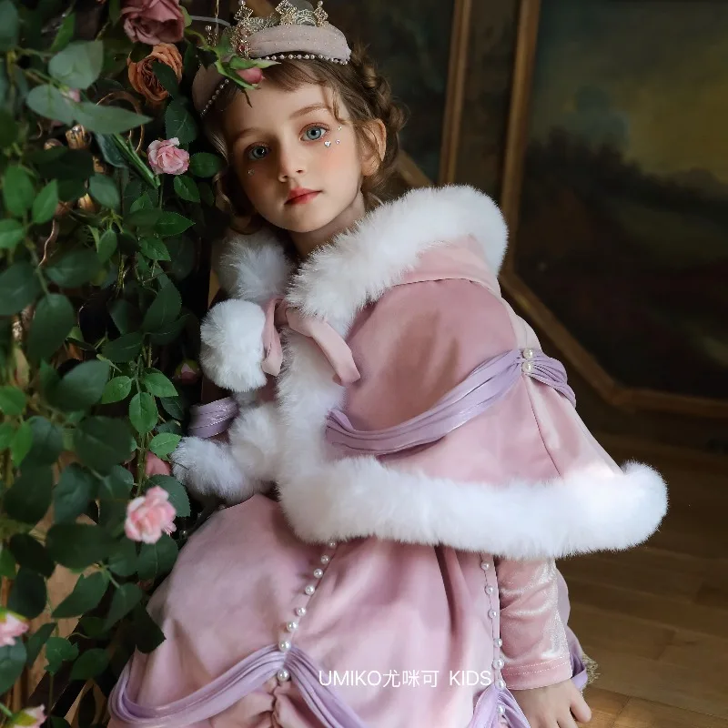 Pink Velvet Girls Princess Dress Furry Cape Puff Sparkle Tulle Kids Victorian Ball Gown Children Birthday Party Costume